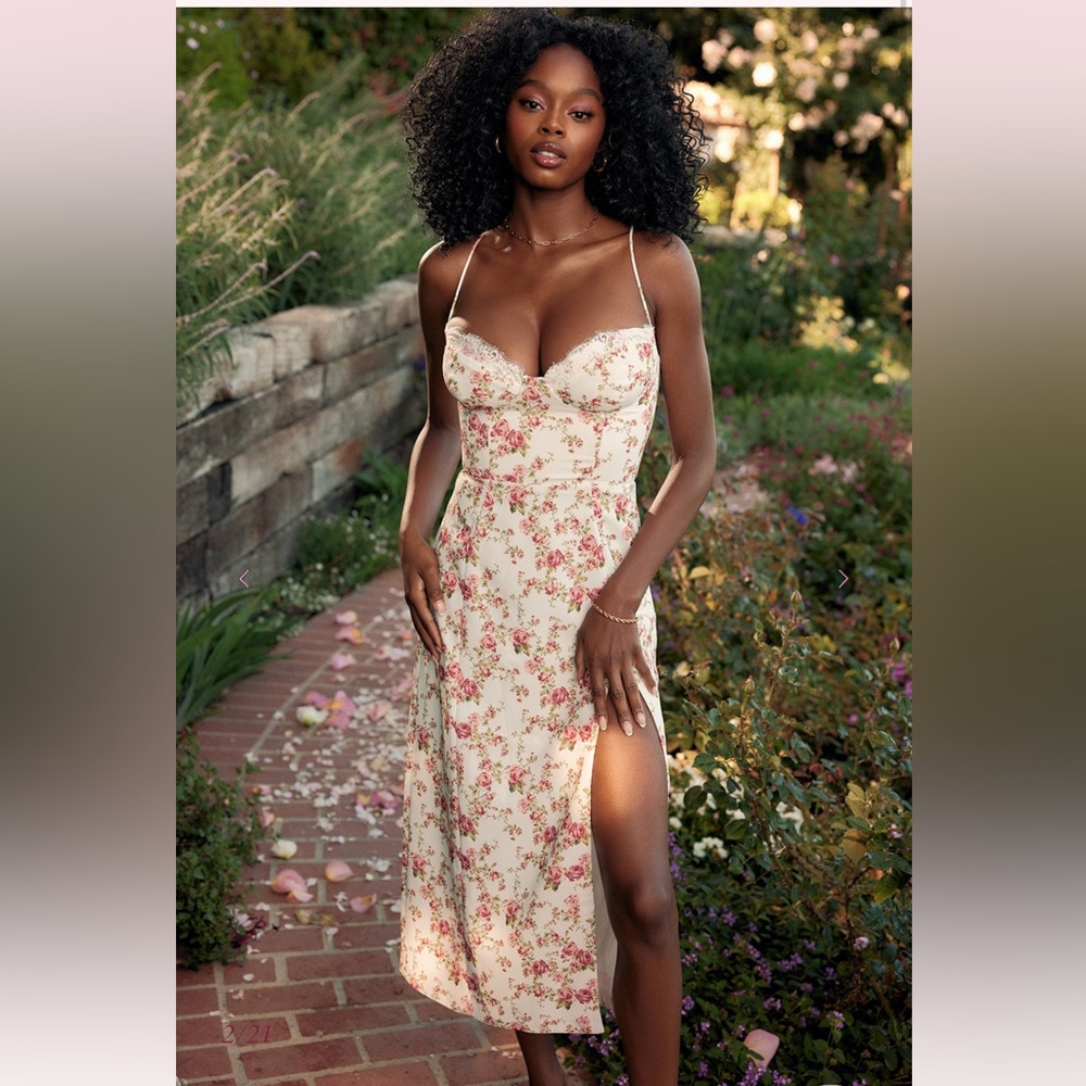 House of CB White Floral Midi Dress with Pink Roses - Picture 2 of 14